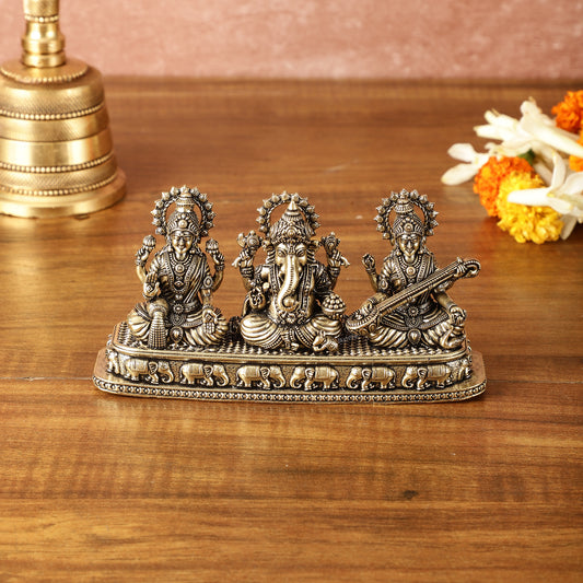 Brass Superfine Ganesh Lakshmi Saraswati on Same Base | Intricately Carved | 3 Inch Height