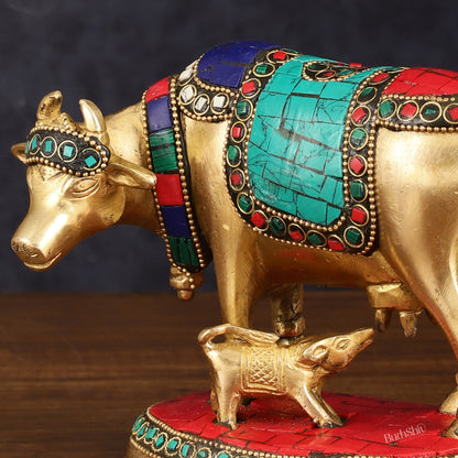 Pure Brass Kamdhenu Cow with Calf Idol with Stonework small