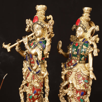 Brass Radha Krishna Statues - 14" Handcrafted with Natural Stones