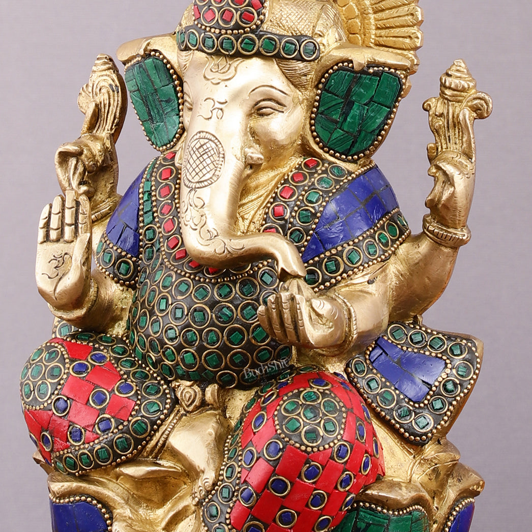 Handcrafted Brass Ganesha Idol with Meenakari Stones - 10" Lotus Seat Statue