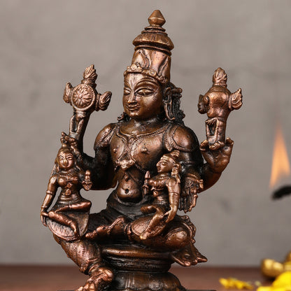 Pure Copper Lord Vishnu with Bhoodevi and Sridevi Idol - 4.5-inch