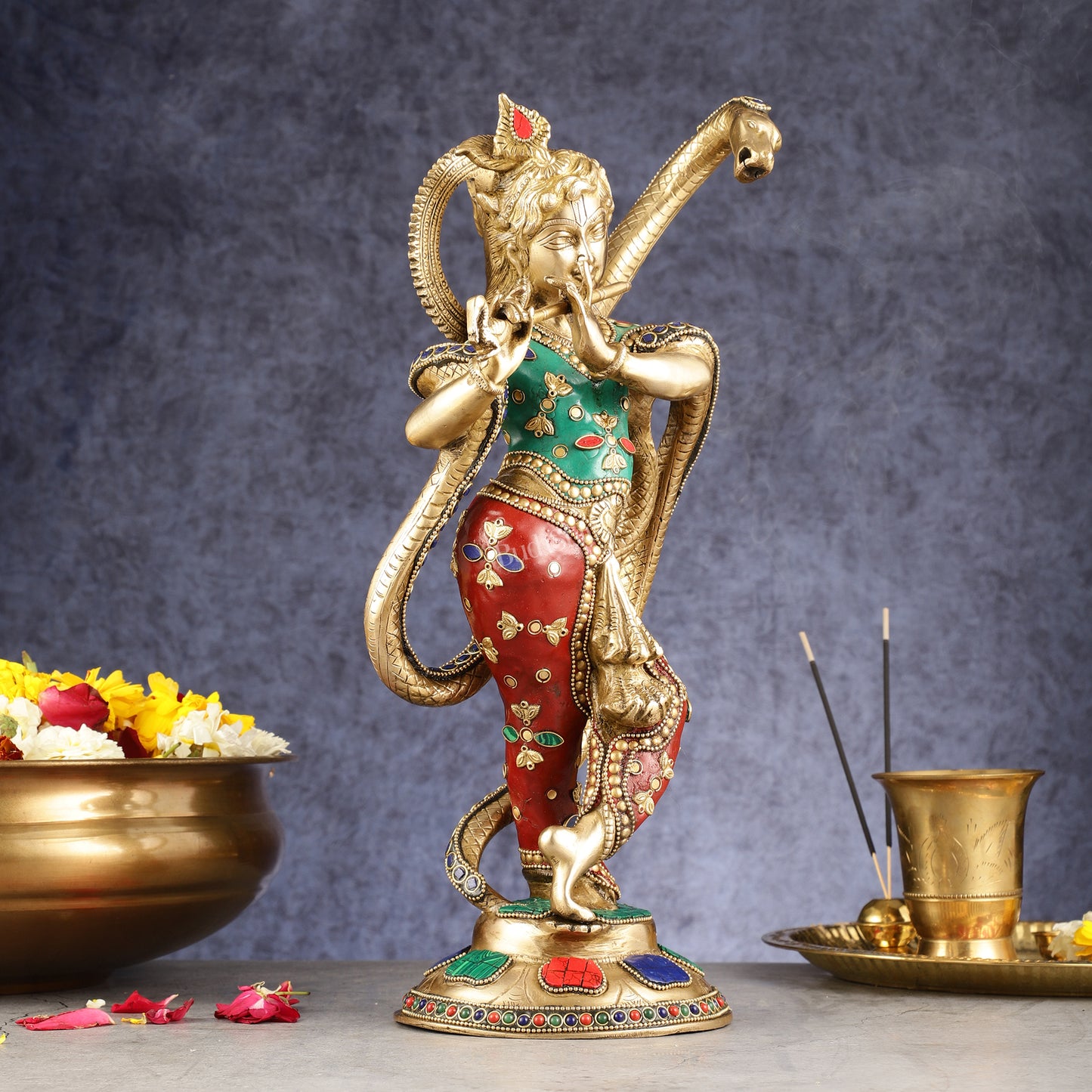 Pure Brass Krishna Surrenders to Kaliya naag Idol 15"