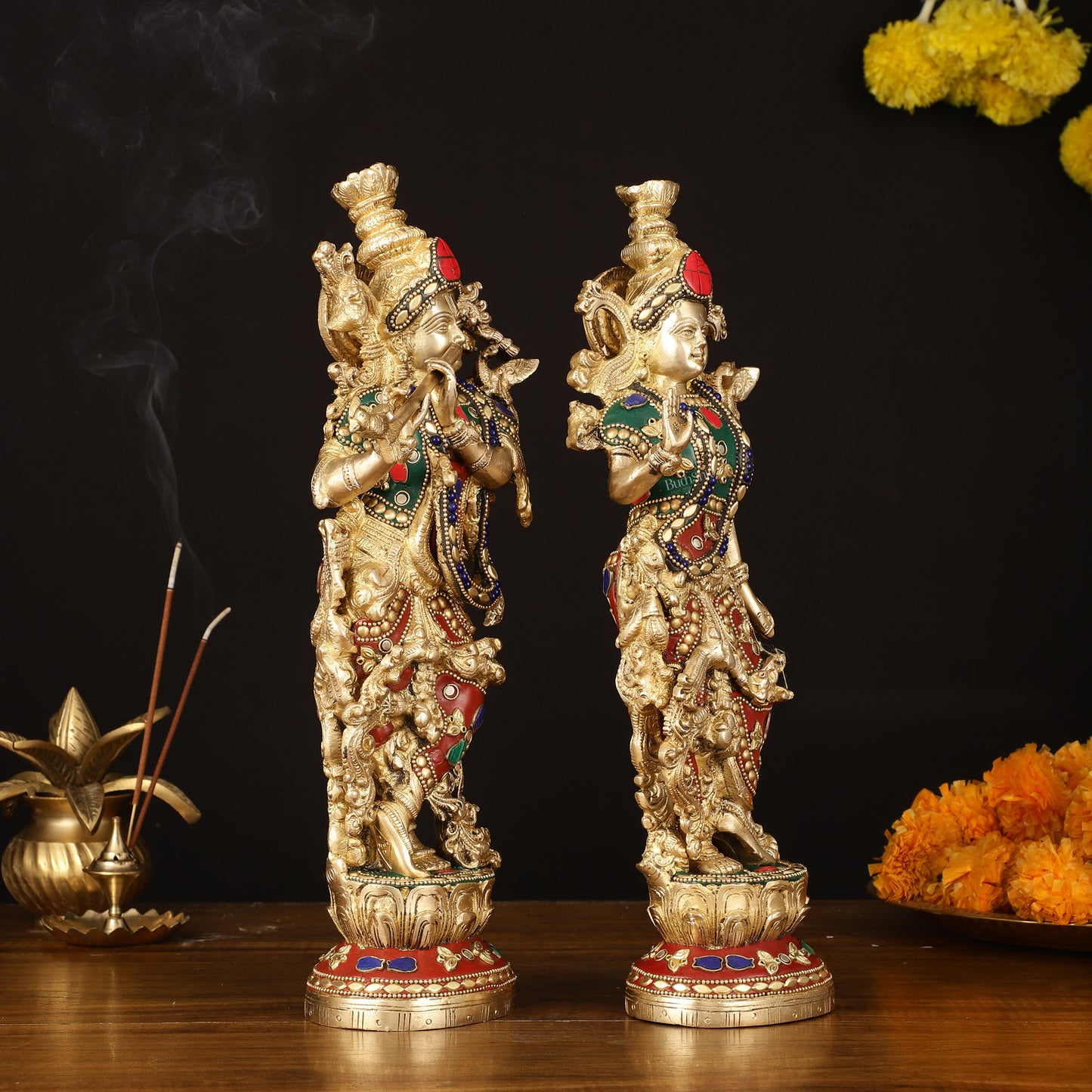 Brass Radha Krishna Statues - 14" Handcrafted with Natural Stones