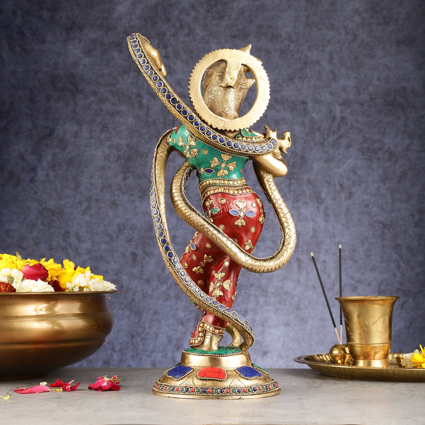 Pure Brass Krishna Surrenders to Kaliya naag Idol 15"