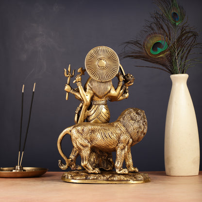 Brass Standing Durga Lion Right Armed Idol - 10.5"