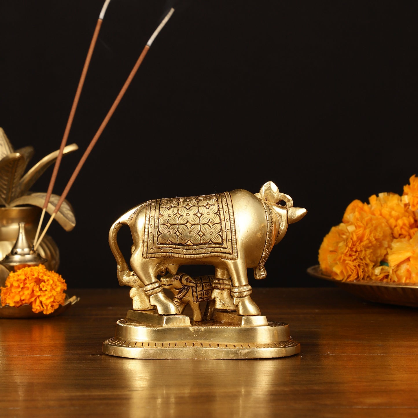 Brass Superfine Kamdhenu Cow with Calf Idol - 4" Height