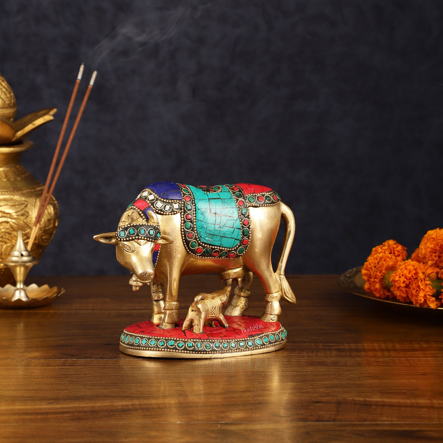 Pure Brass Kamdhenu Cow with Calf Idol with Stonework small