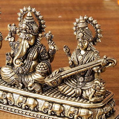 Brass Superfine Ganesh Lakshmi Saraswati on Same Base | Intricately Carved | 3 Inch Height