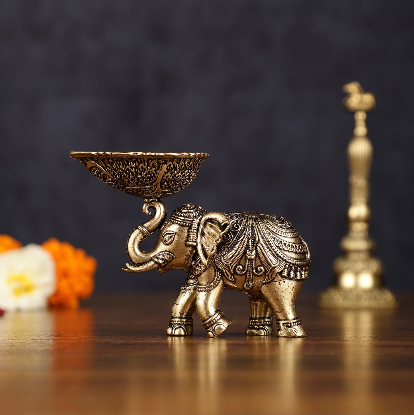 Pure Brass Intricately Carved Small Elephant Oil Lamp diya 3"