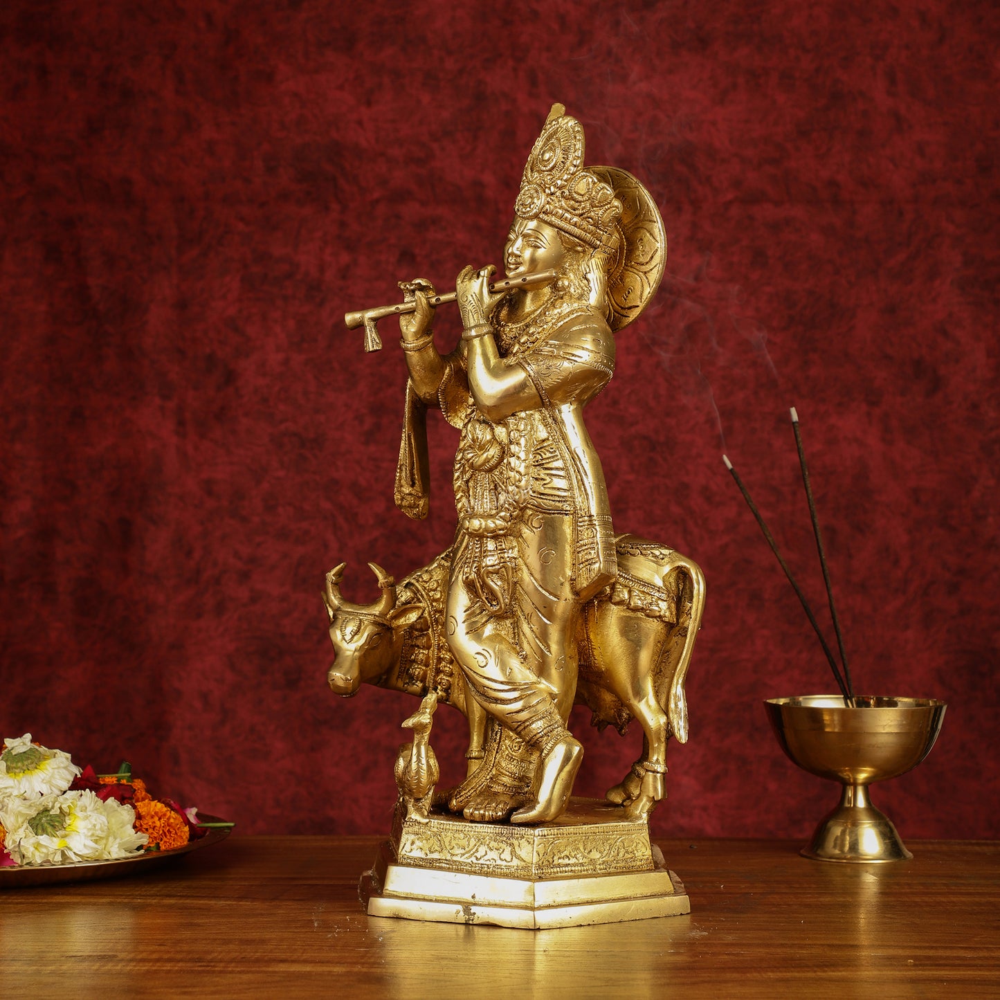 Brass Lord Krishna with Cow and Peacock | 16.5" Height