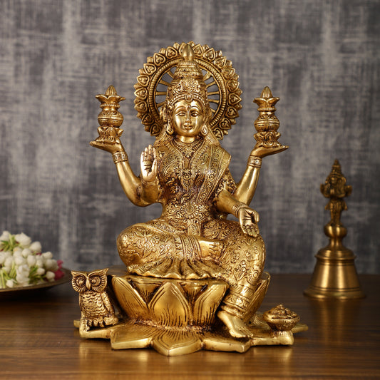 Pure Brass Lakshmi with Owl Idol Seated on Lotus | 11 Inch Height | 6.25 KG