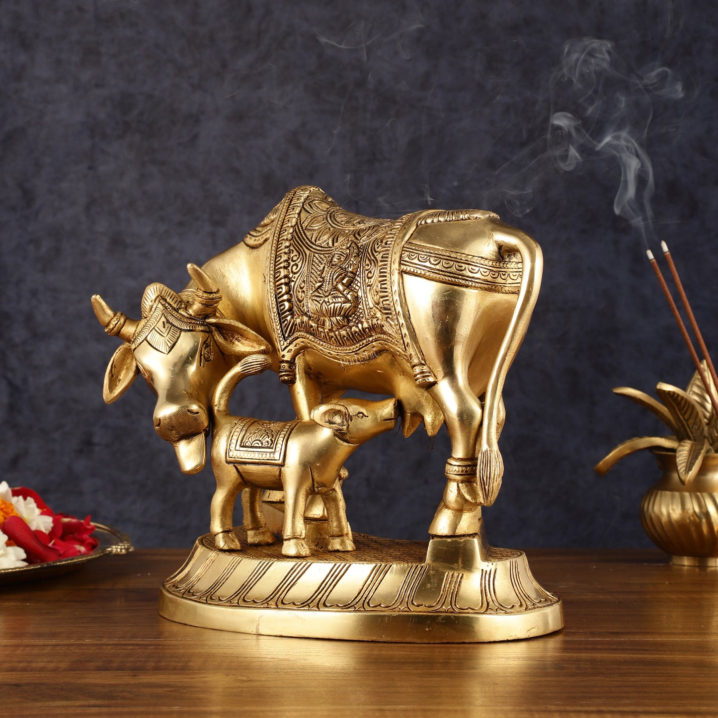 Pure Brass Superfine Kamdhenu Cow with Calf - 10"