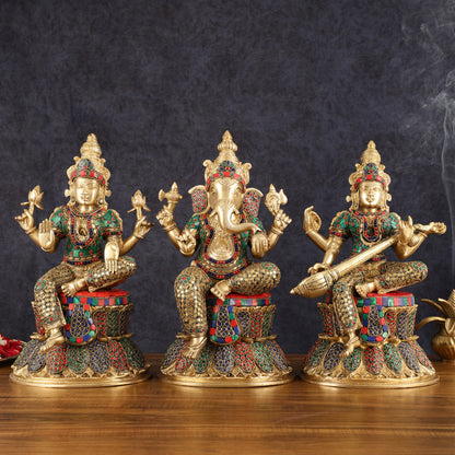 15-Inch Brass Ganesha, Lakshmi, and Saraswati Idols on Lotus Base | Divine Trio