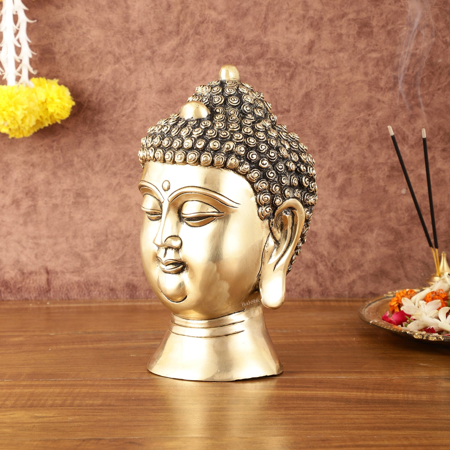 Pure Brass Unique Buddha Head Statue with Mani - 9"