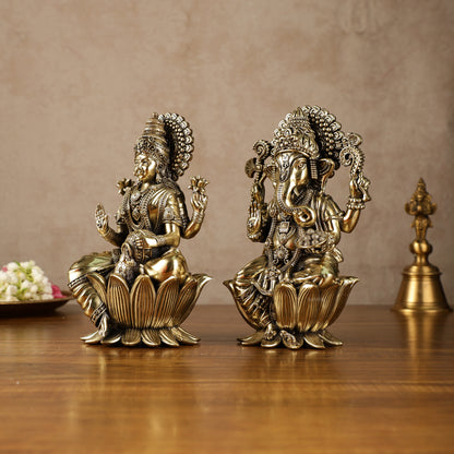 Exquisite Brass Ganesh Lakshmi Idol Pair | 8 Inch