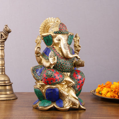 Handcrafted Brass Ganesha Idol with Meenakari Stones - 10" Lotus Seat Statue