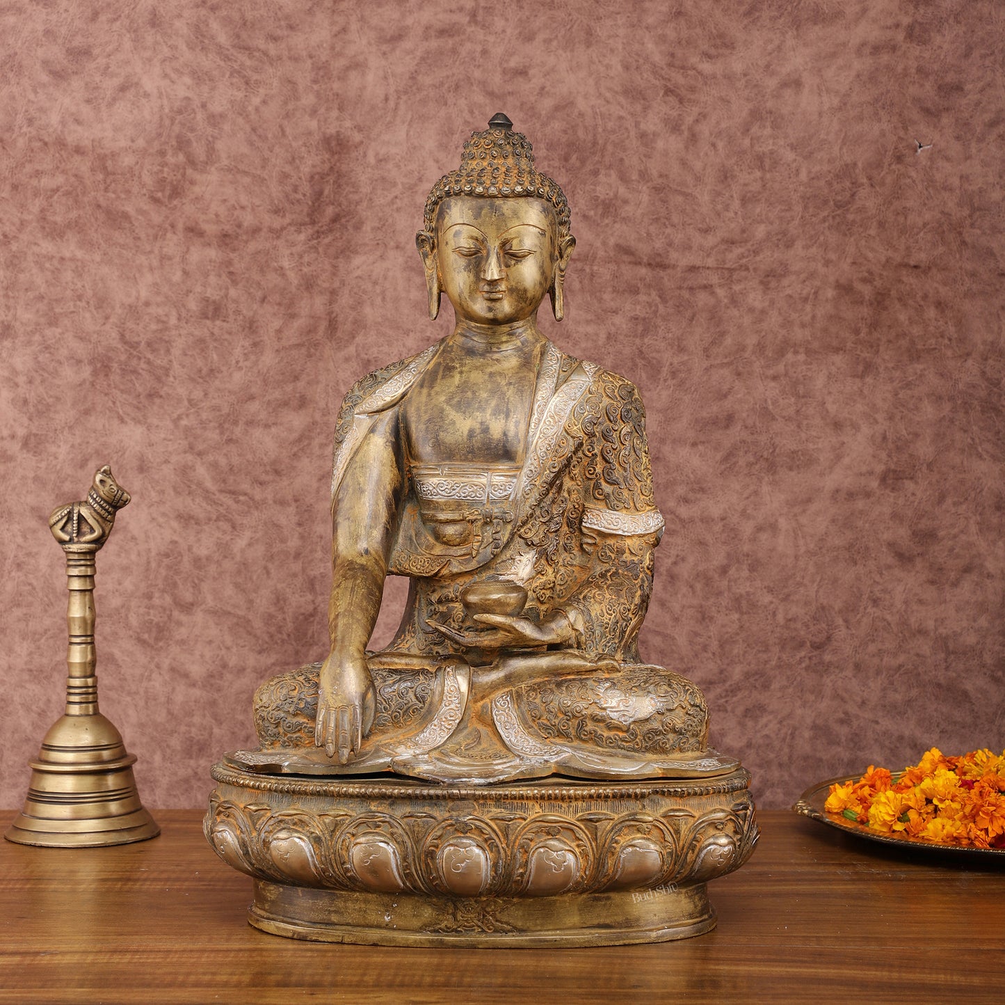 Pure Brass Nirvana Buddha Statue 17" Vintage