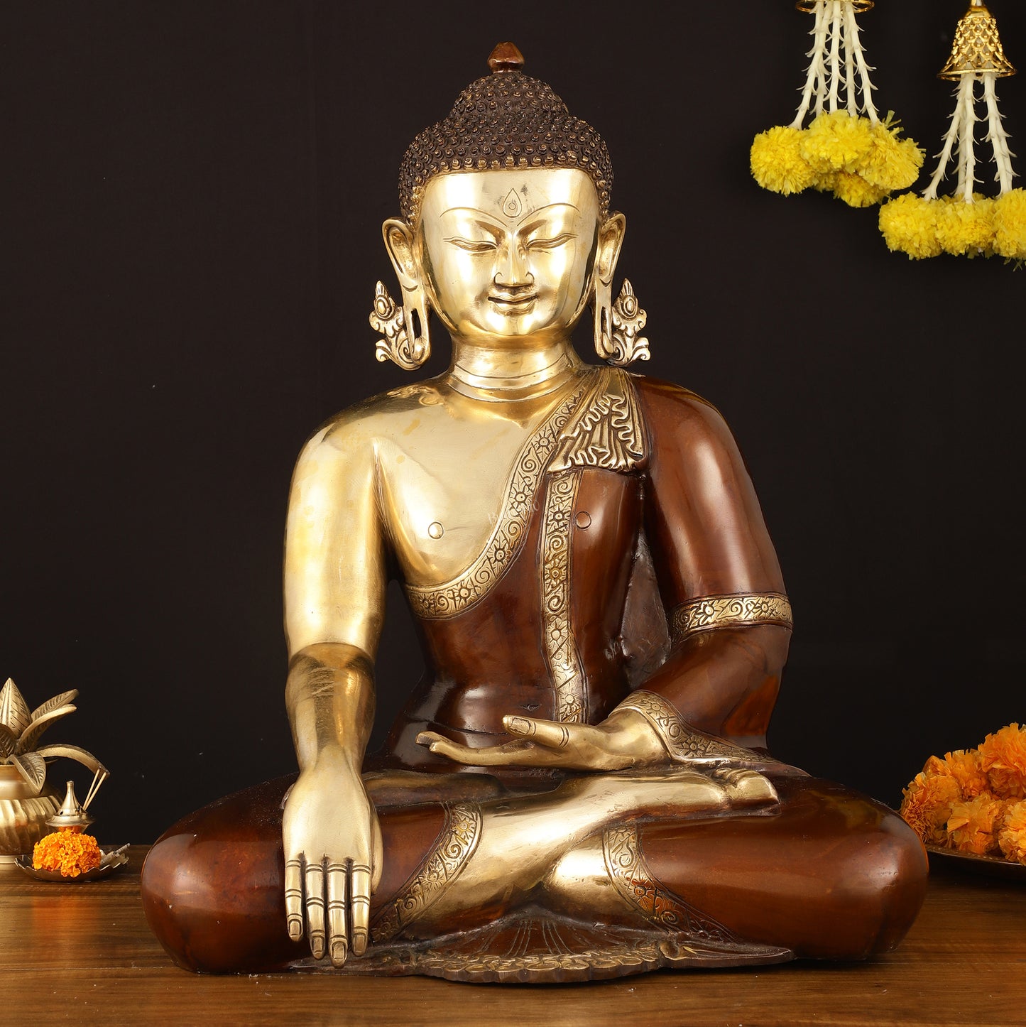 Pure Brass Buddha in Bhumisparsha Mudra Statue - 21" | Dual Tone Elegance