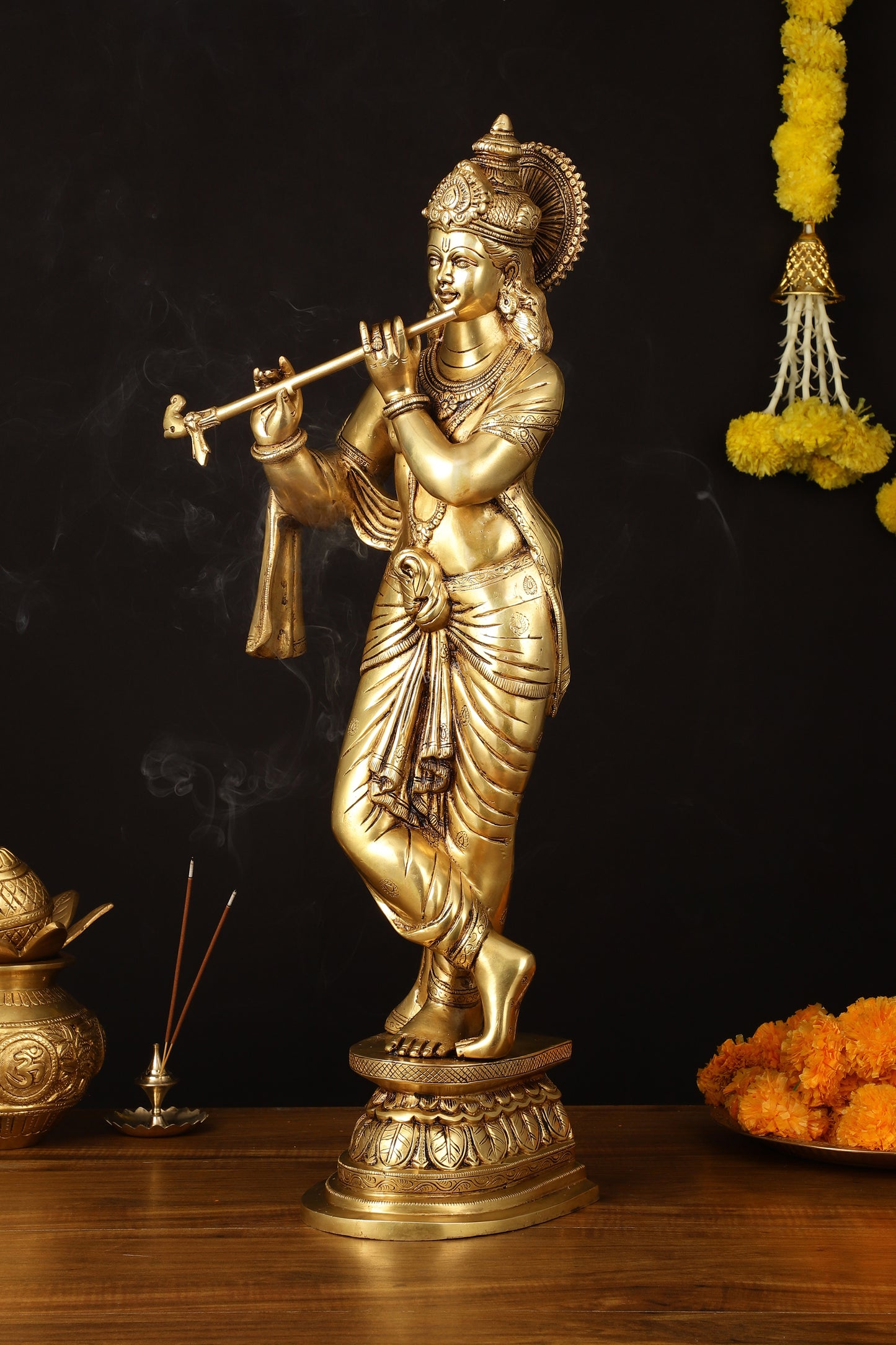 Brass Superfine Lord Krishna Sculpture - 26.5" Height, Enhanced Carvings