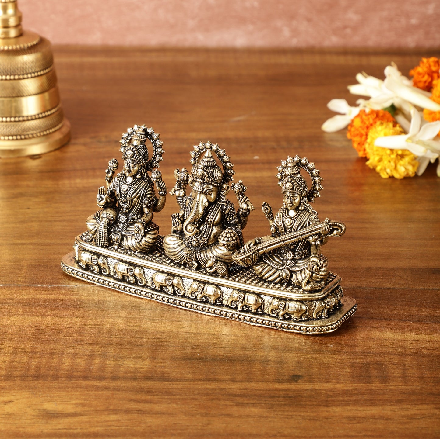 Brass Superfine Ganesh Lakshmi Saraswati on Same Base | Intricately Carved | 3 Inch Height