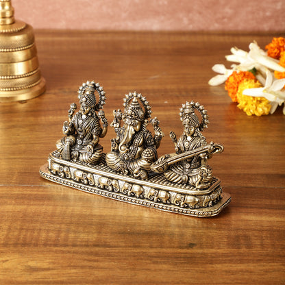 Brass Superfine Ganesh Lakshmi Saraswati on Same Base | Intricately Carved | 3 Inch Height