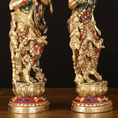 Brass Radha Krishna Statues - 14" Handcrafted with Natural Stones