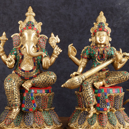 15-Inch Brass Ganesha, Lakshmi, and Saraswati Idols on Lotus Base | Divine Trio