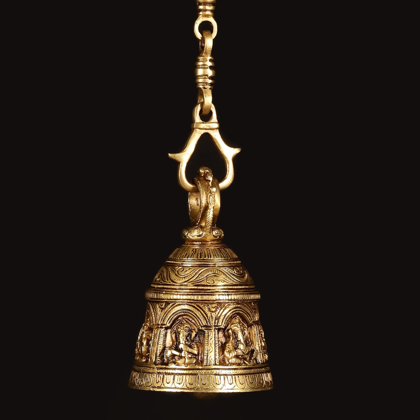 Brass Engraved Ganesha as Musicians Hanging Temple Bell