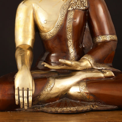 Pure Brass Buddha in Bhumisparsha Mudra Statue - 21" | Dual Tone Elegance