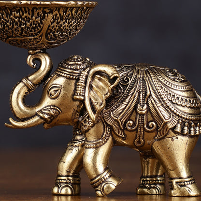 Pure Brass Intricately Carved Small Elephant Oil Lamp diya 3"