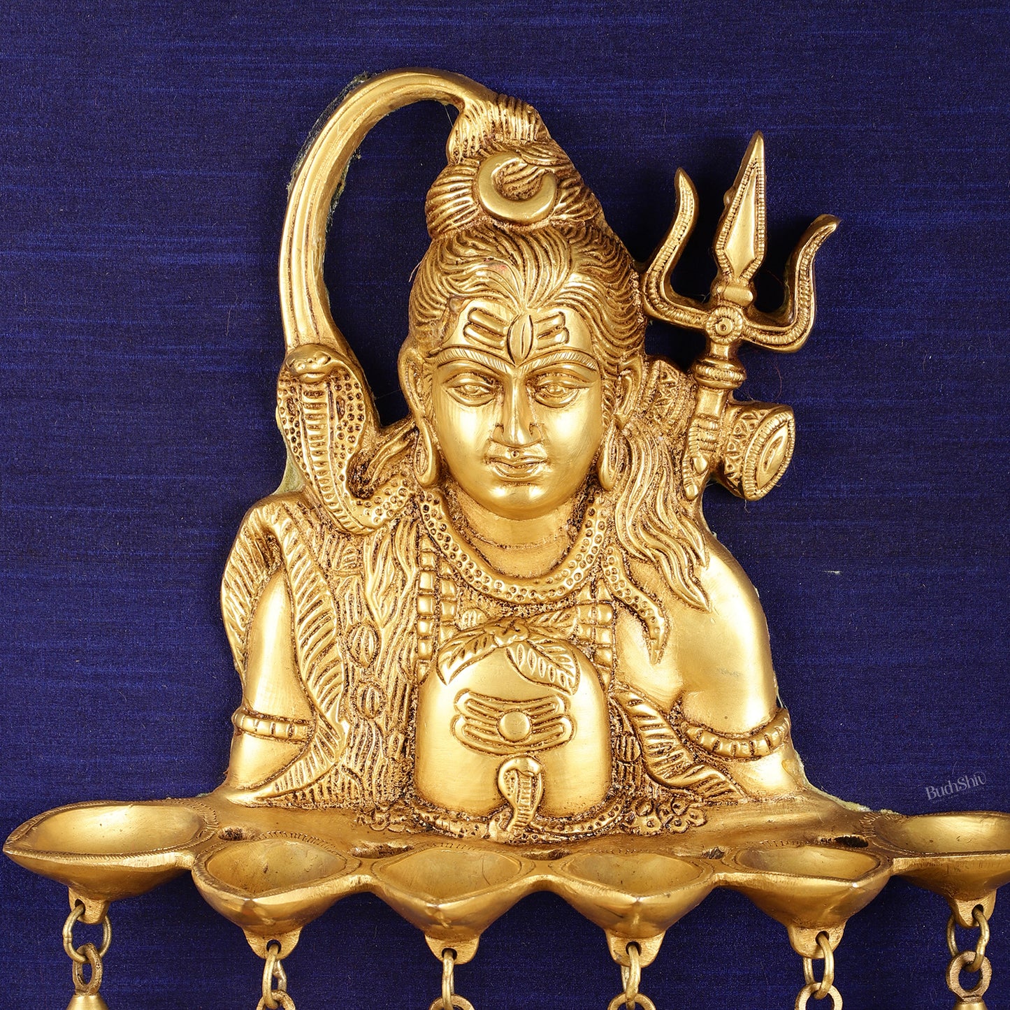 Brass Lord Shiva Diya on Wooden Frame with Premium Fabric | 19 Inch Wall Hanging