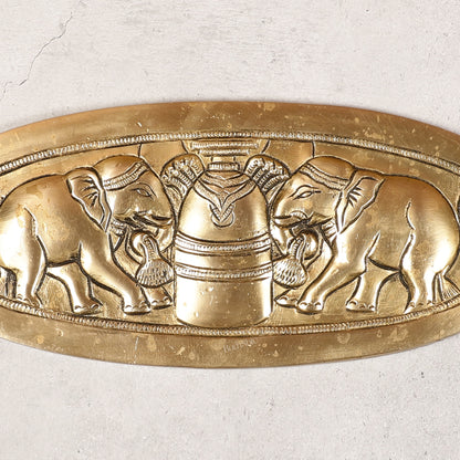 Superfine Brass Shivling with Two Elephants Wall Hanging - 10 -inch