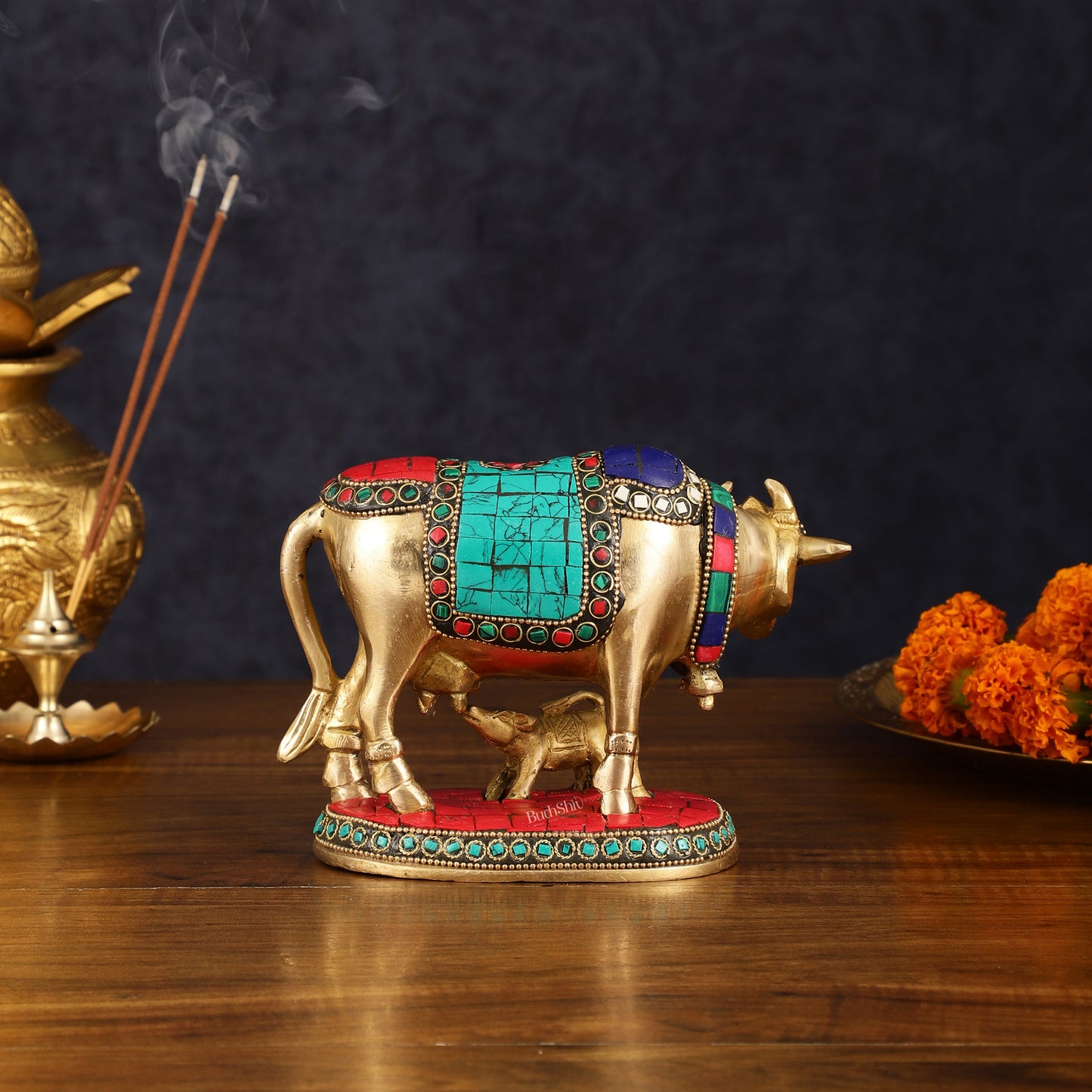 Pure Brass Kamdhenu Cow with Calf Idol with Stonework small