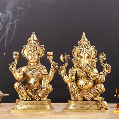 Brass Superfine Ganesha and Lakshmi Idol Pair - 11.5 Inch Statues