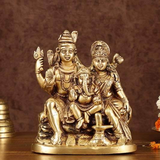 Brass Shiv Parivar Idol with Shiv Parvati, Ganesha, and Shiv Ling | Height: 8 inch