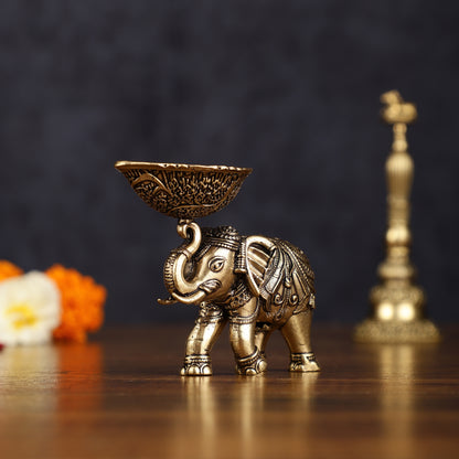 Pure Brass Intricately Carved Small Elephant Oil Lamp diya 3"