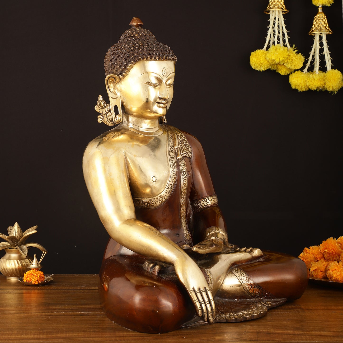 Pure Brass Buddha in Bhumisparsha Mudra Statue - 21" | Dual Tone Elegance