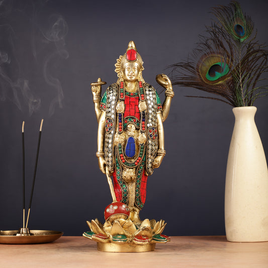 Exquisite Brass Standing Vishnu Statue on Lotus Base - 12.5 Inches