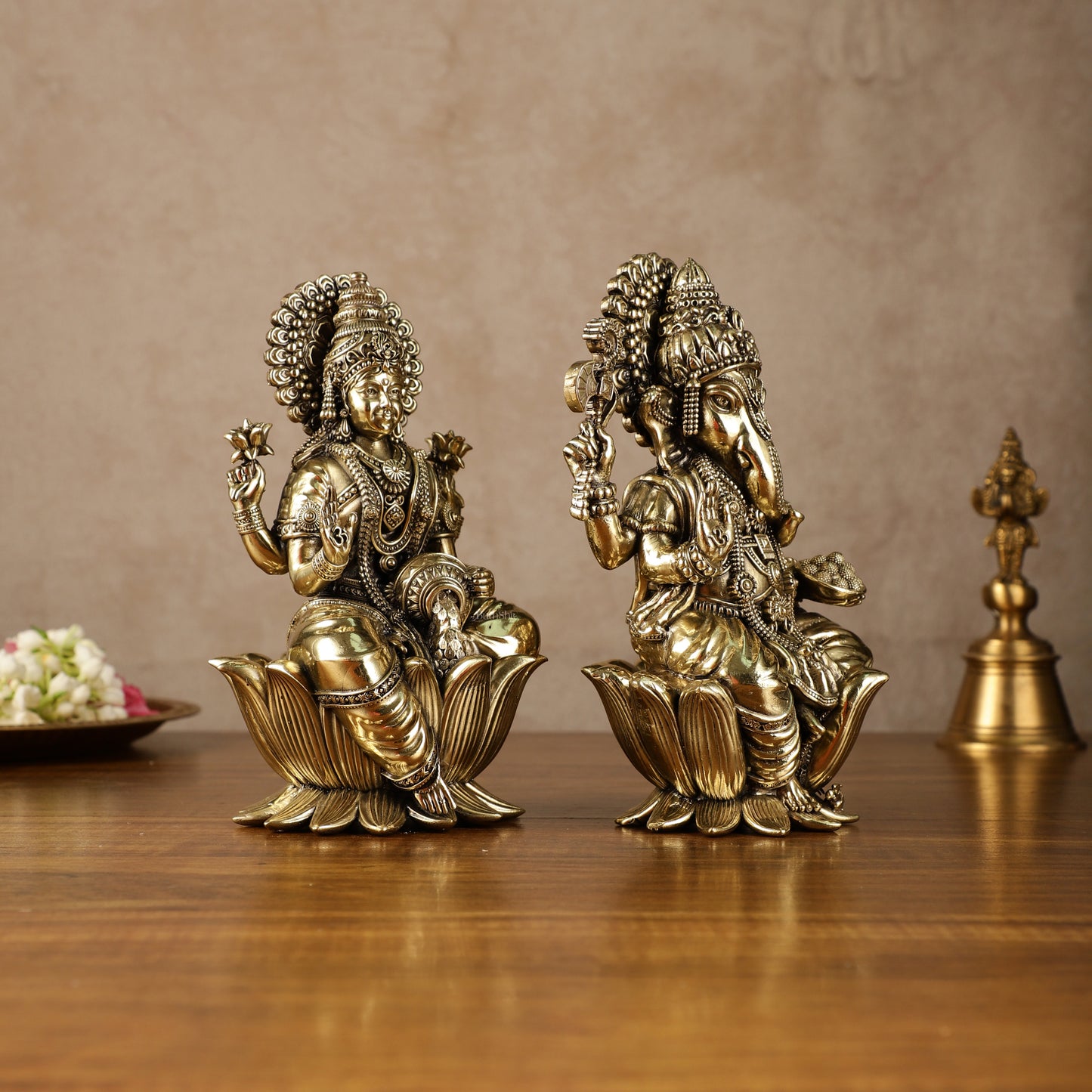 Exquisite Brass Ganesh Lakshmi Idol Pair | 8 Inch