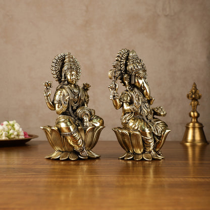 Exquisite Brass Ganesh Lakshmi Idol Pair | 8 Inch