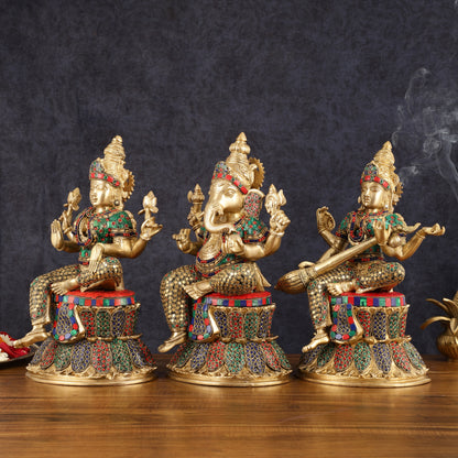 15-Inch Brass Ganesha, Lakshmi, and Saraswati Idols on Lotus Base | Divine Trio