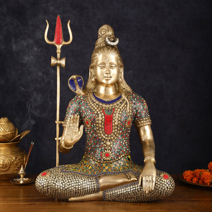 Handcrafted Brass Lord Shiva Statue with Stonework - 20 Inches