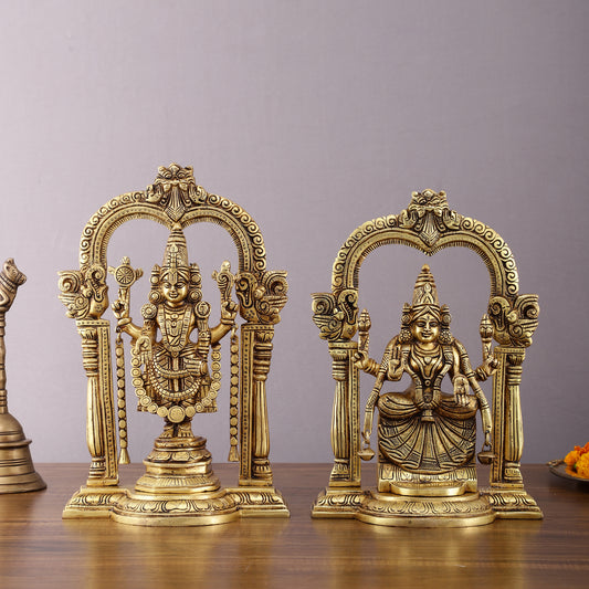 Brass Padmavati Thayar Lakshmi & Tirupati Balaji Statue Set with Thiruvachi Arch - 12 Inch