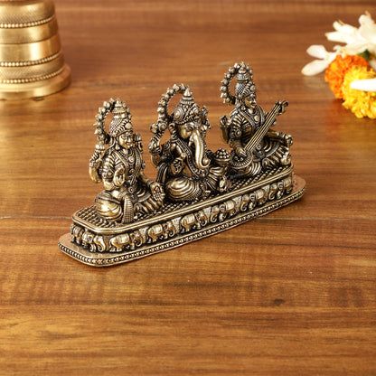 Brass Superfine Ganesh Lakshmi Saraswati on Same Base | Intricately Carved | 3 Inch Height