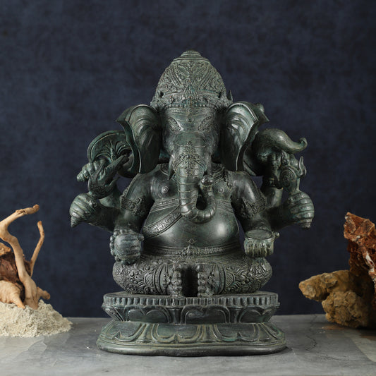 Vintage Balinese Bronze Ganesha Sculpture – Three-Headed, 16" Lost Wax Casting