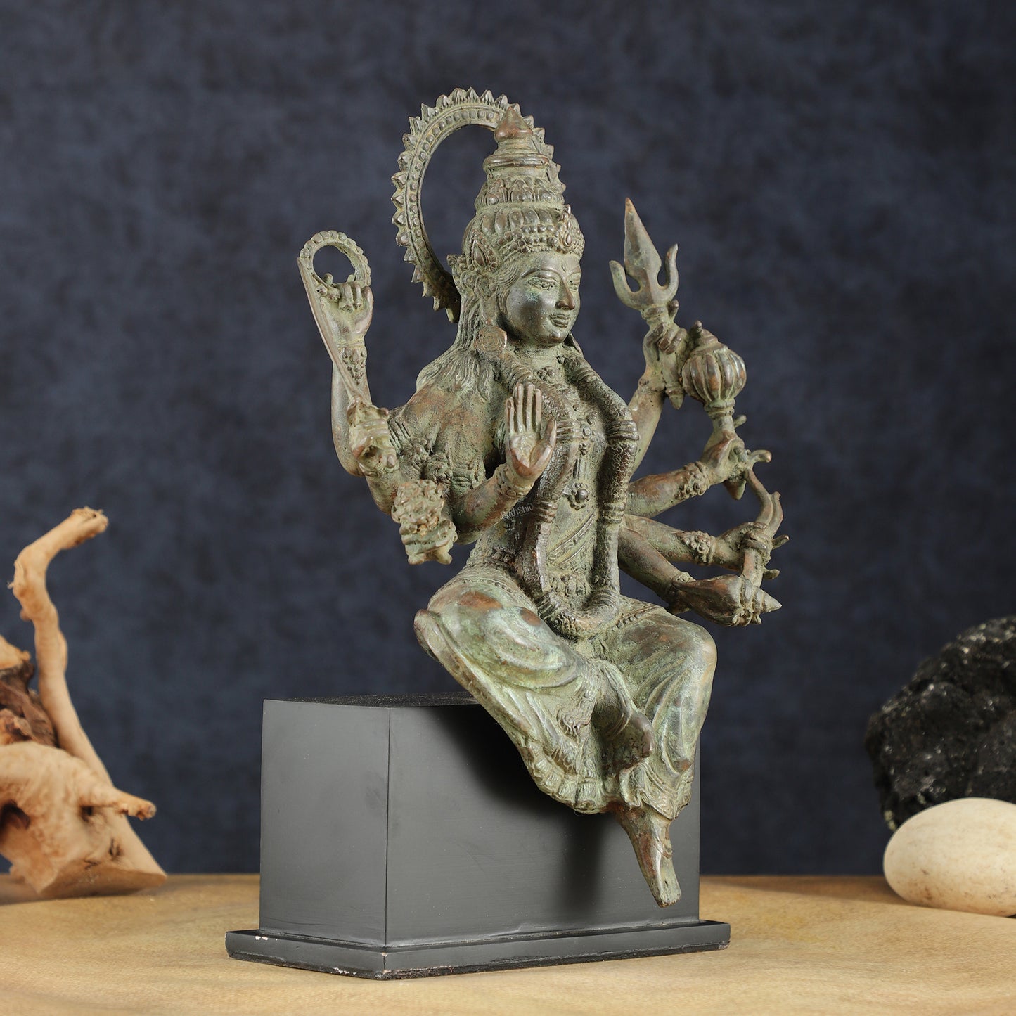 Indonesian Bronze Eight-Armed Goddess Durga Seated on Wooden Base | 14" |