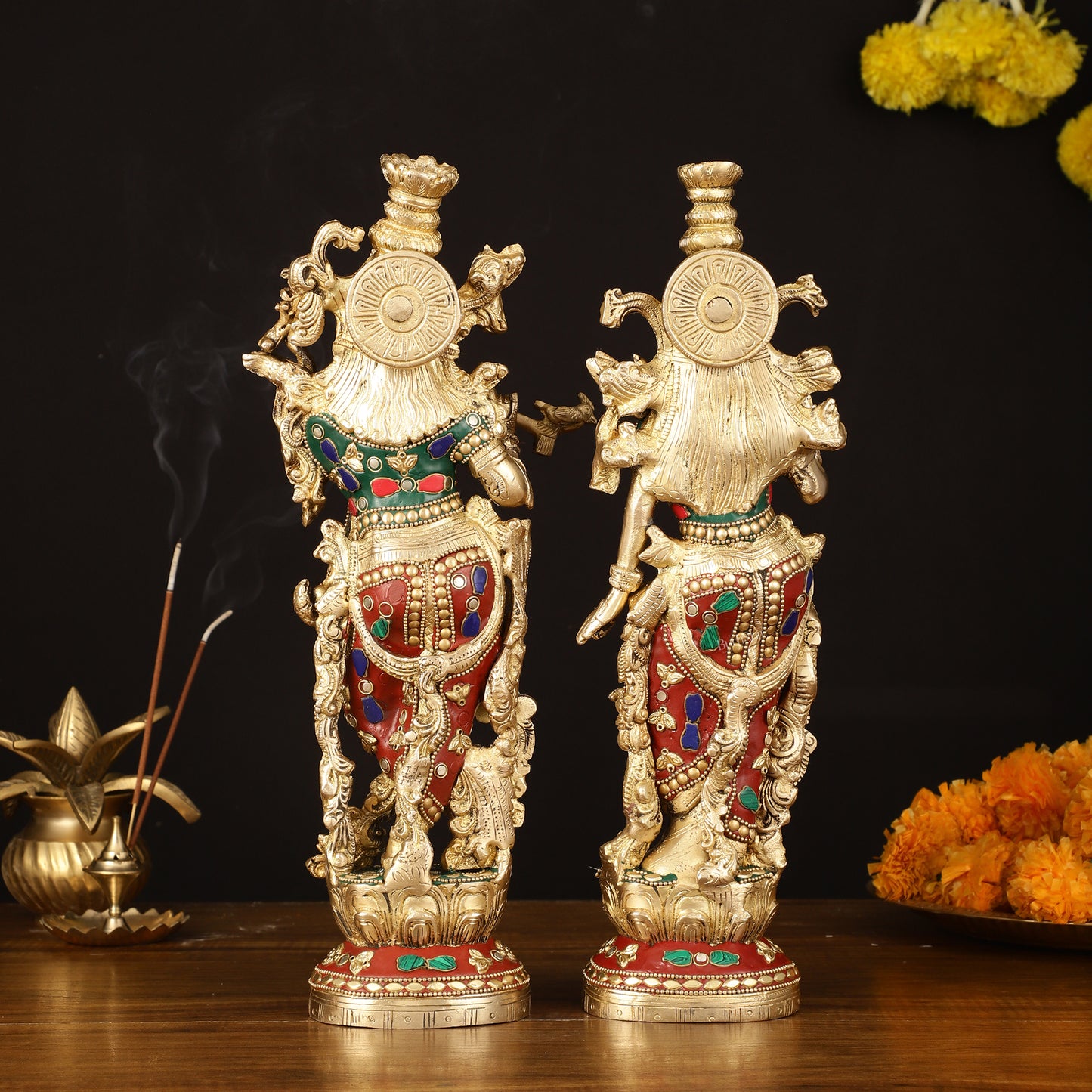 Brass Radha Krishna Statues - 14" Handcrafted with Natural Stones