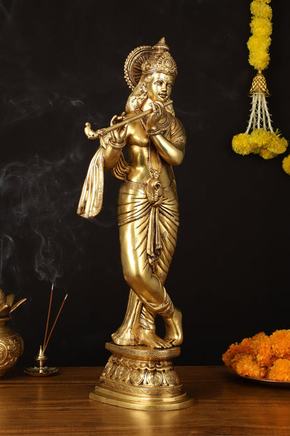 Brass Superfine Lord Krishna Sculpture - 26.5" Height, Enhanced Carvings