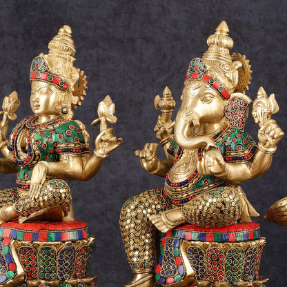 15-Inch Brass Ganesha, Lakshmi, and Saraswati Idols on Lotus Base | Divine Trio