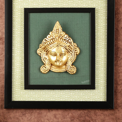 Brass Goddess Kali Face Hanging on Wooden Frame with Premium Fabric - 13.5" x 14.5"